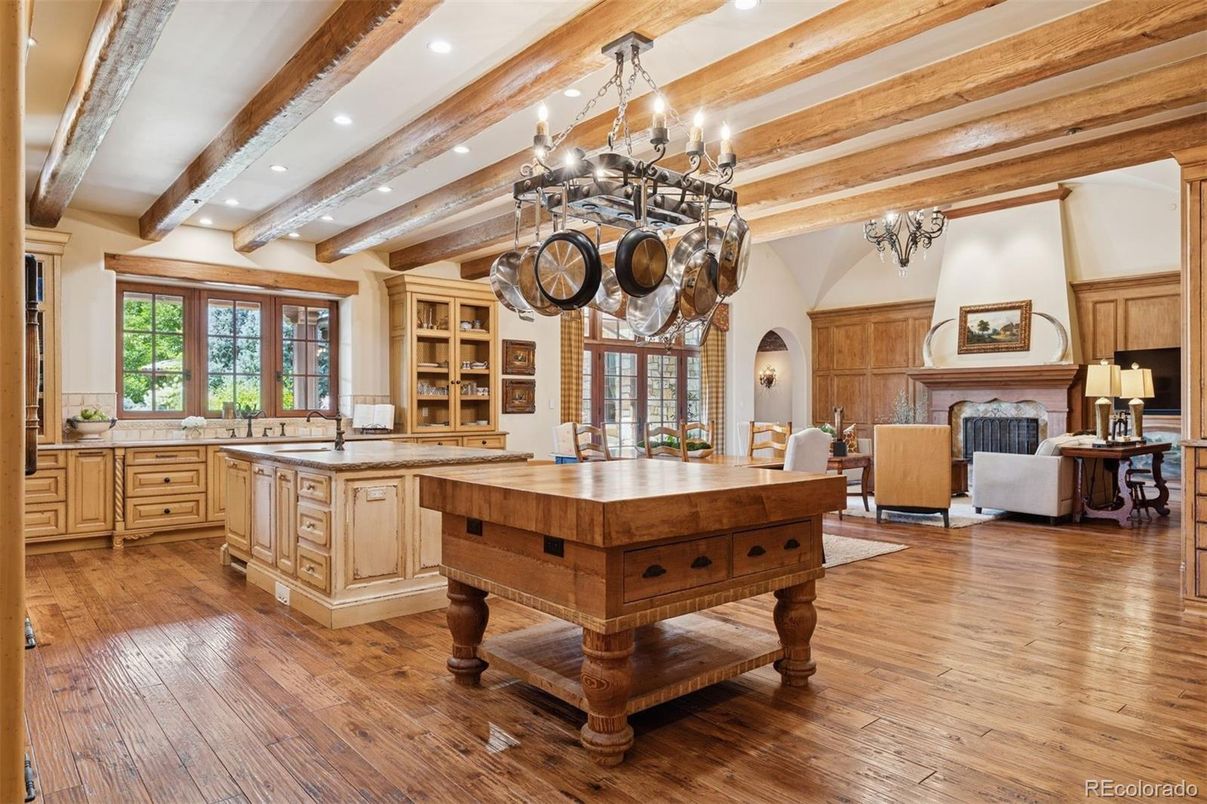 Chandelier, Fireplace, Interior, Kitchen, Recessed Lighting, Wooden Beams, Wood Texture Flooring