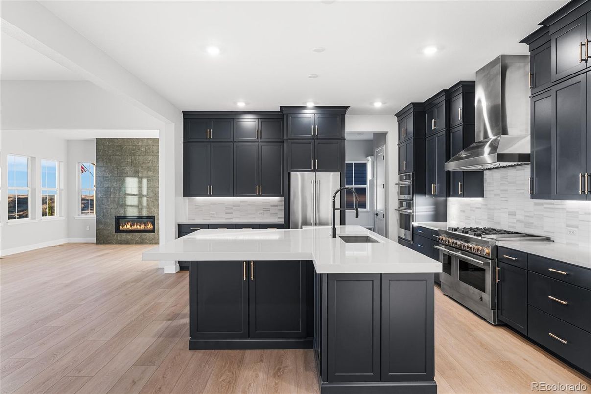 Fireplace, Interior, Kitchen, Recessed Lighting, Stainless Steel Appliances, Wood Texture Flooring