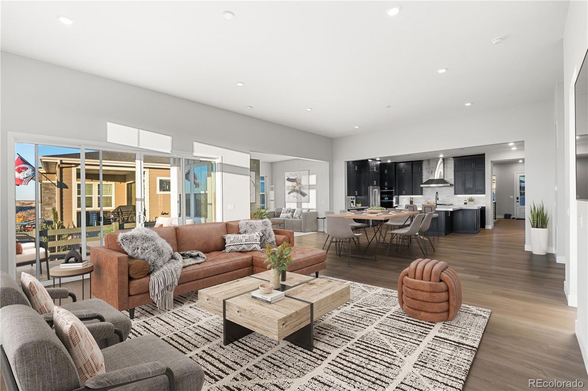 Dining room, Interior, Kitchen, Living room, Pendant Lights, Recessed Lighting, Wood Texture Flooring