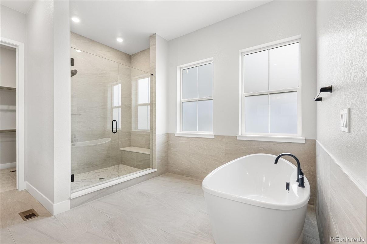 Bathroom, Free Standing Baths, Glass Shower, Interior, Recessed Lighting
