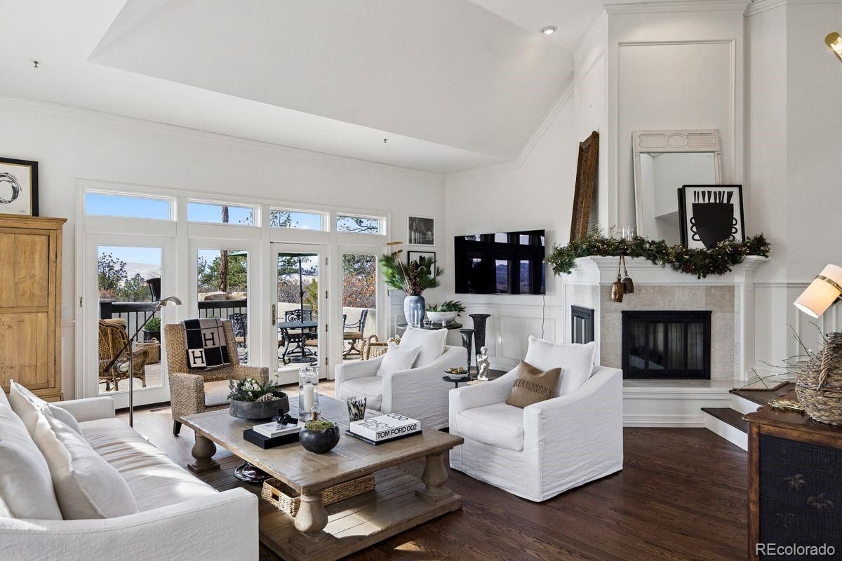 Dining room, Fireplace, Interior, Living room, Recessed Lighting, Wood Texture Flooring