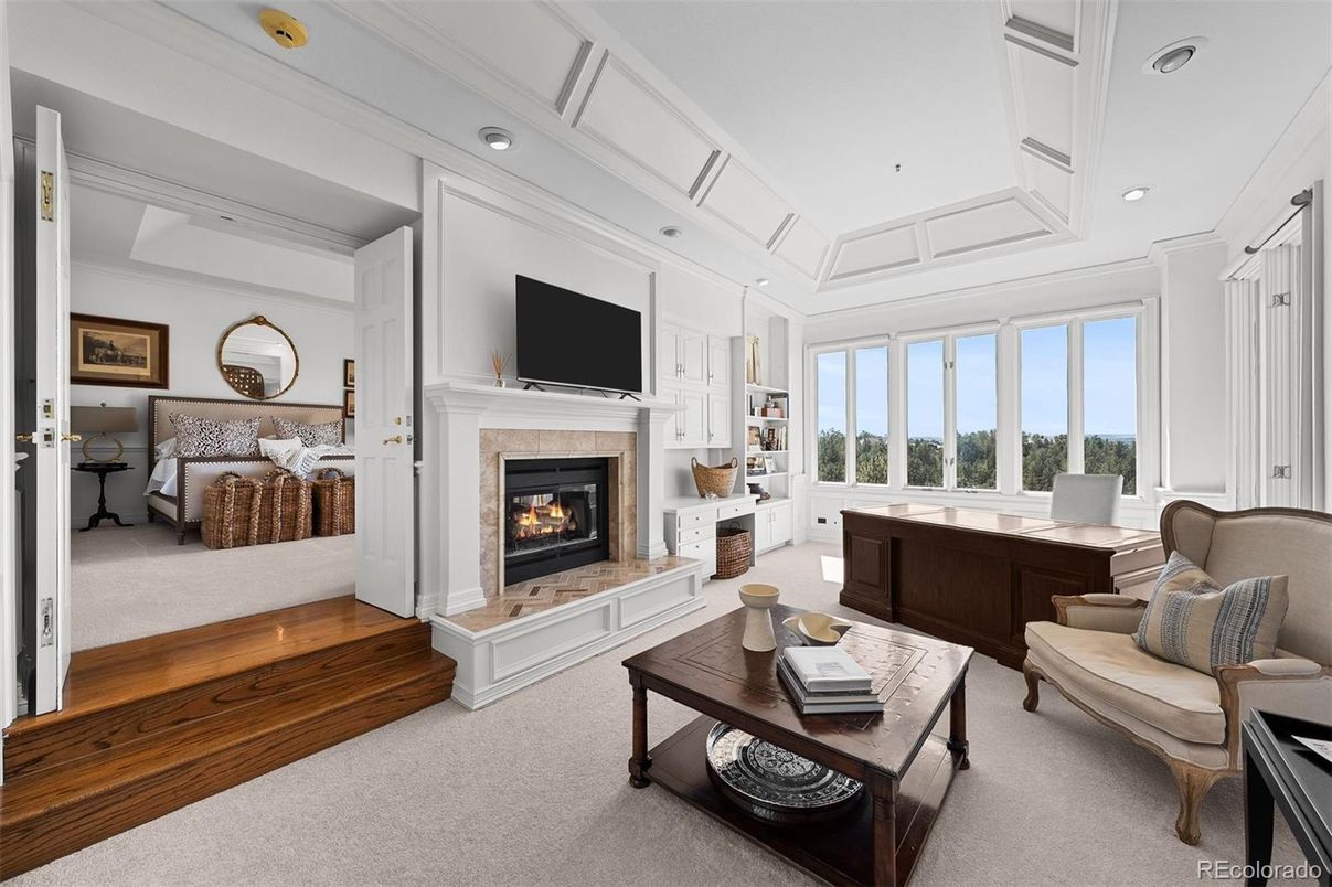 Fireplace, Interior, Living room, Recessed Lighting, Wood Texture Flooring