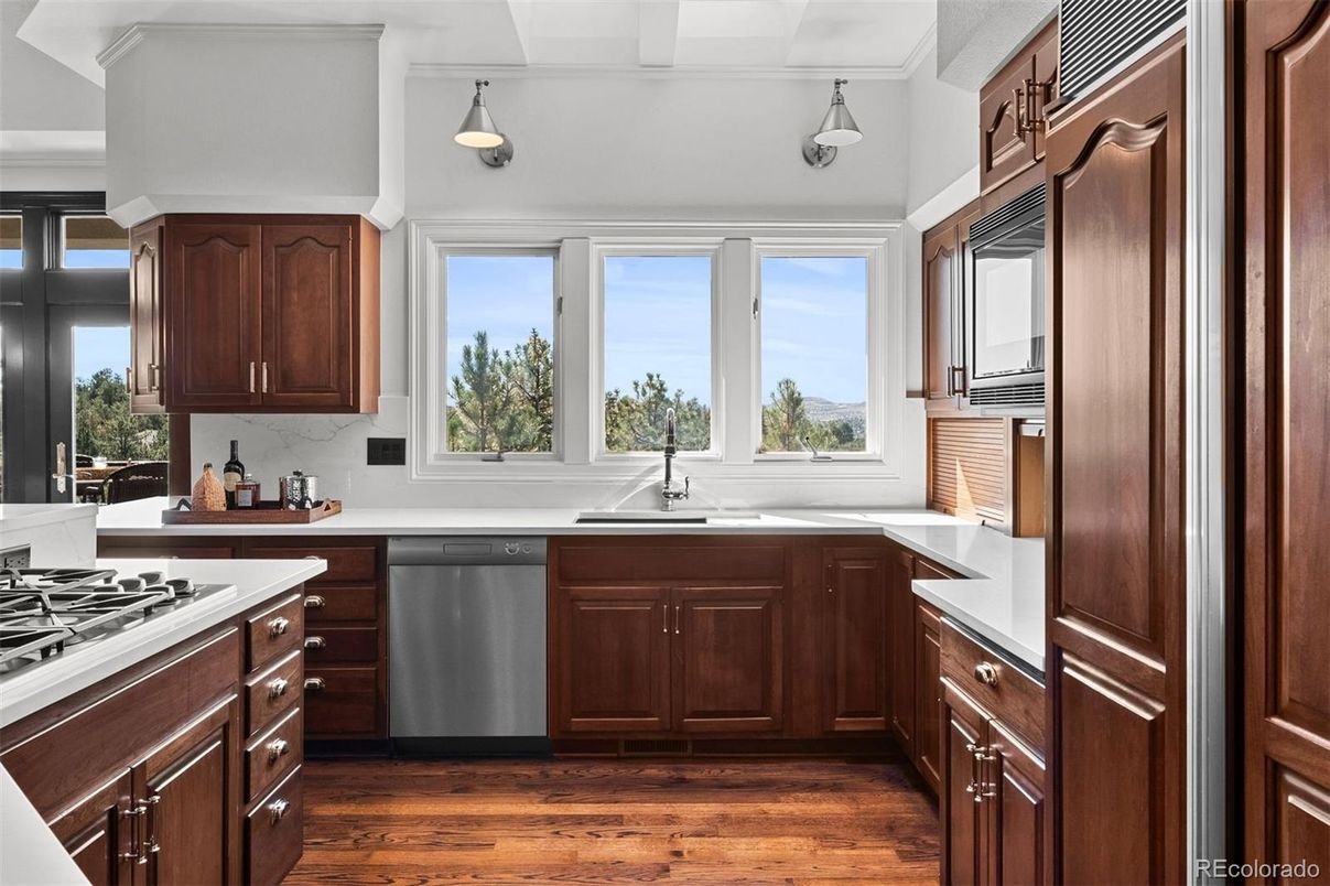 Interior, Kitchen, Pendant Lights, Stainless Steel Appliances, Wood Texture Flooring