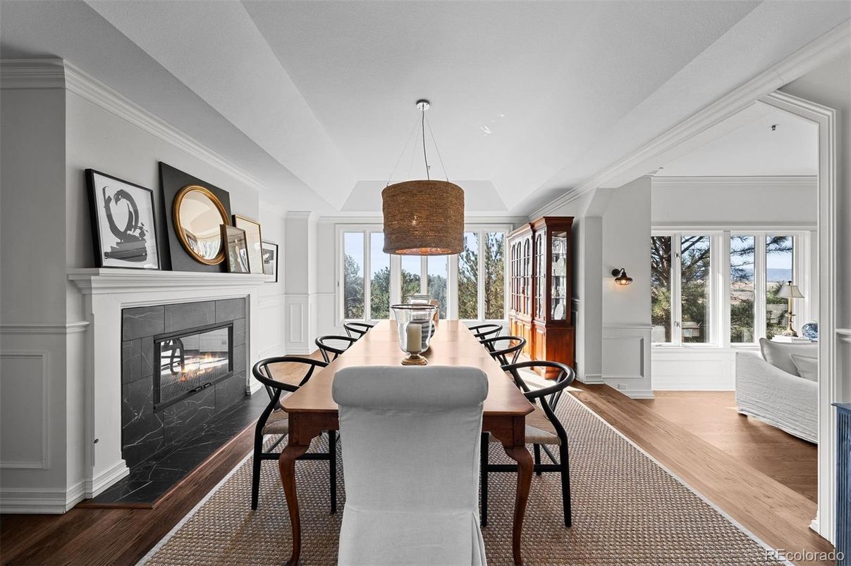 Dining room, Fireplace, Interior, Pendant Lights, Wood Texture Flooring