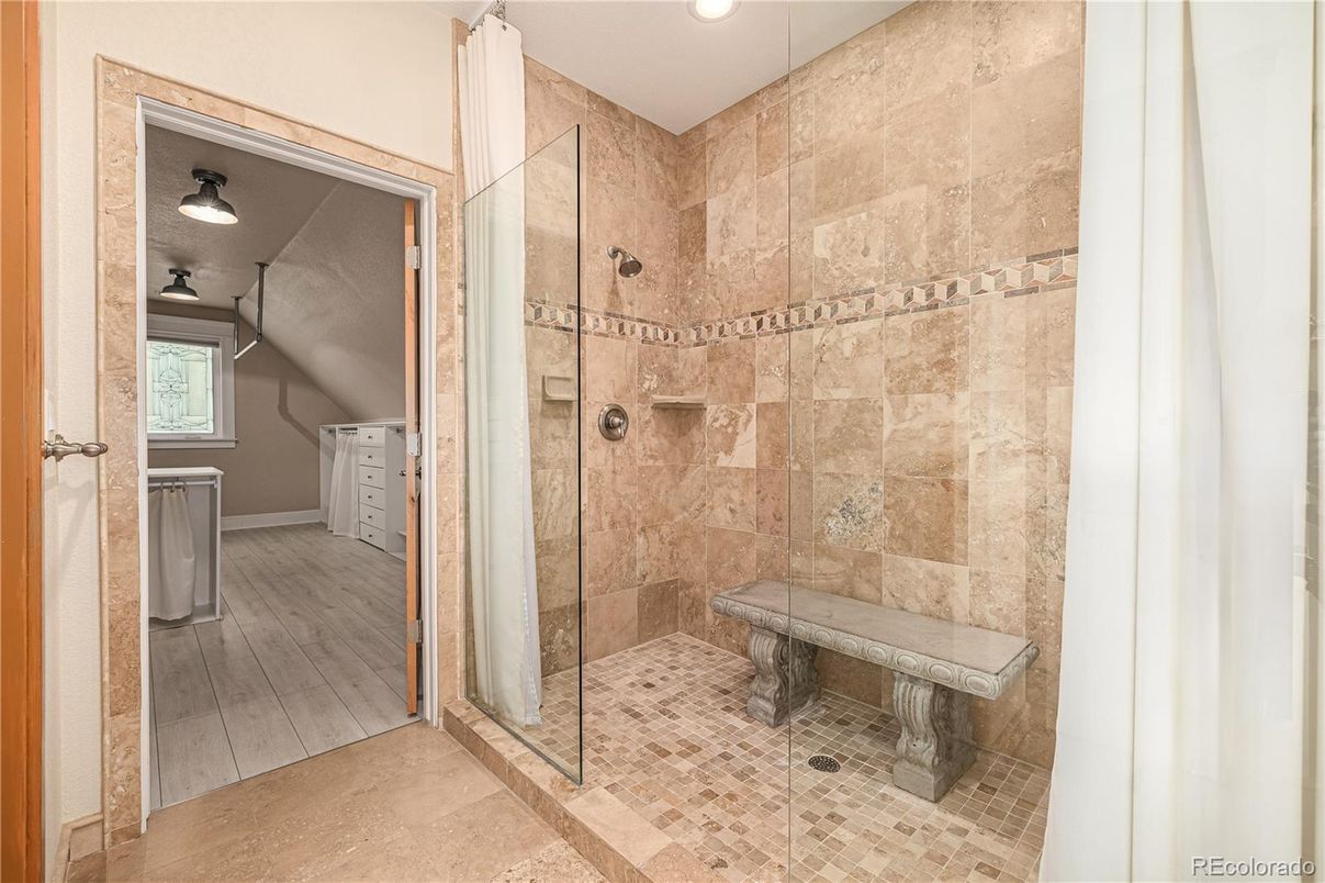 Bathroom, Glass Shower, Interior, Recessed Lighting, Wood Texture Flooring