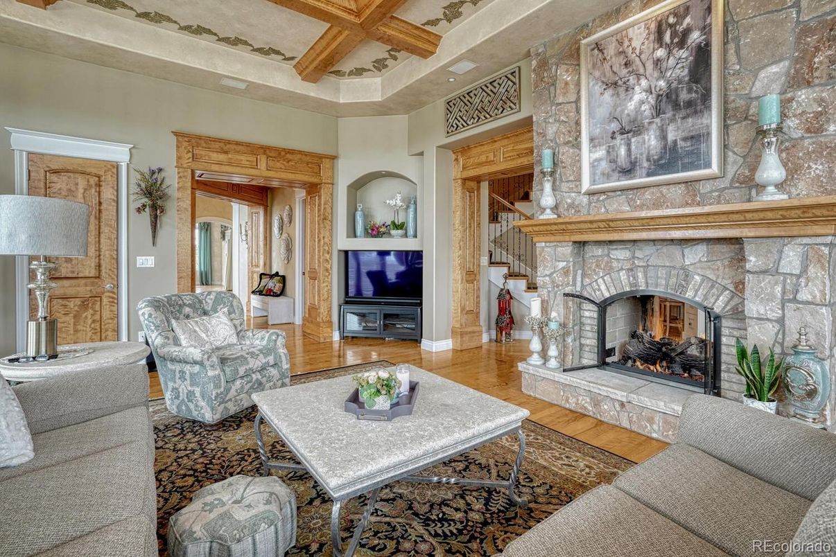 Fireplace, Interior, Living room, Stone Walls, Wooden Beams, Wood Texture Flooring