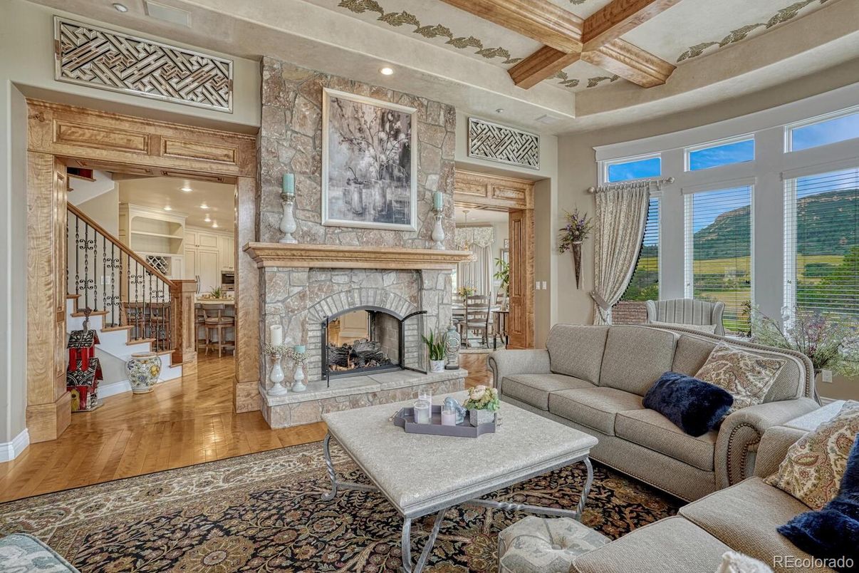 Fireplace, Interior, Living room, Recessed Lighting, Wooden Beams, Wood Texture Flooring