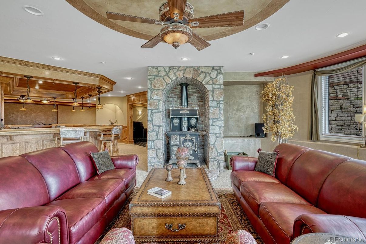 Fireplace, Interior, Living room, Recessed Lighting, Stone Walls