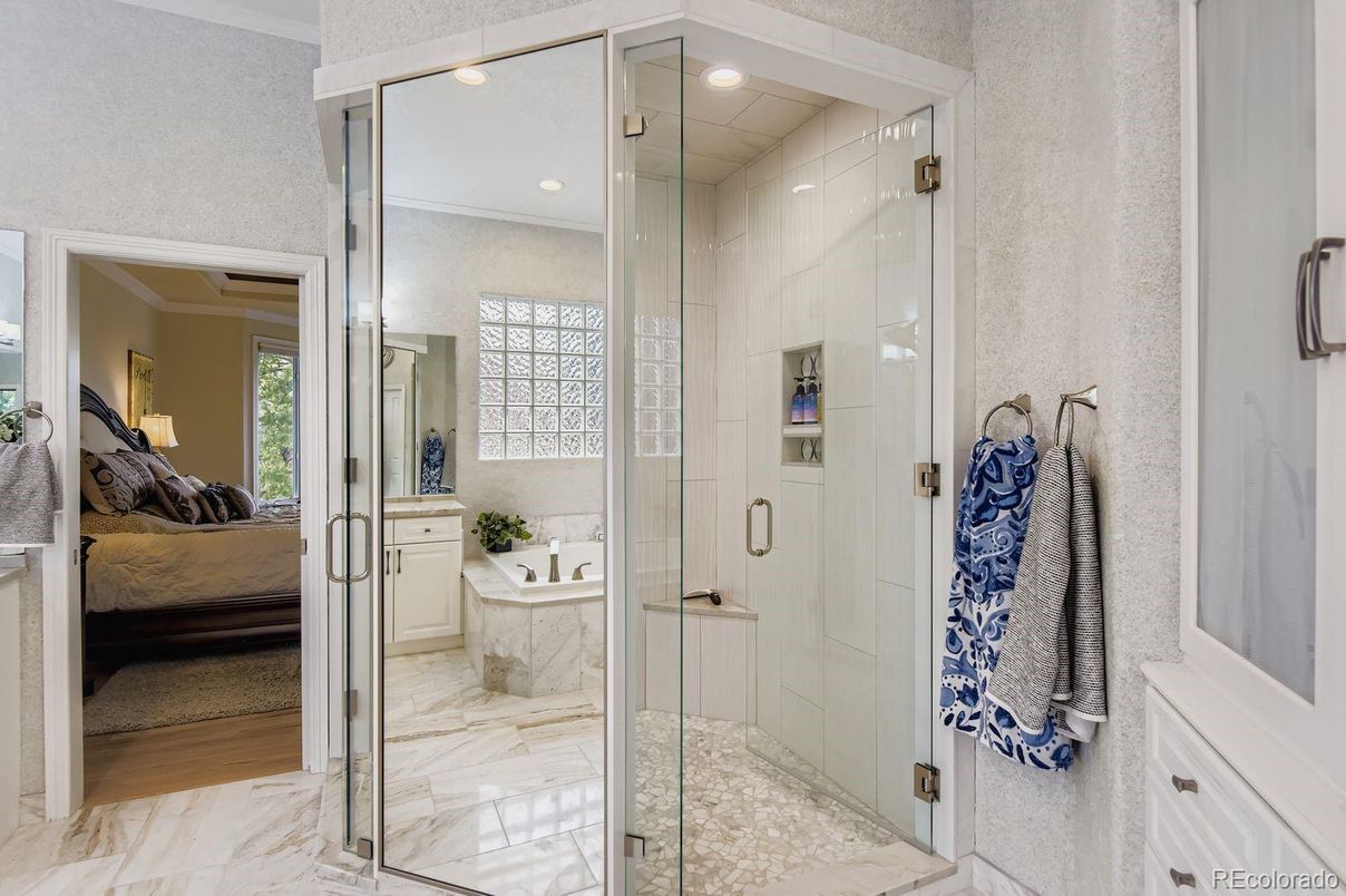 Bathroom, Bedroom, Glass Shower, Interior, Marble, Recessed Lighting
