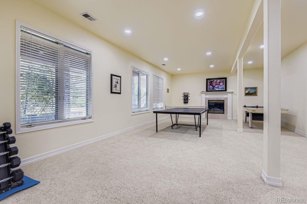 Empty room, Fireplace, Game Room, Interior, Recessed Lighting