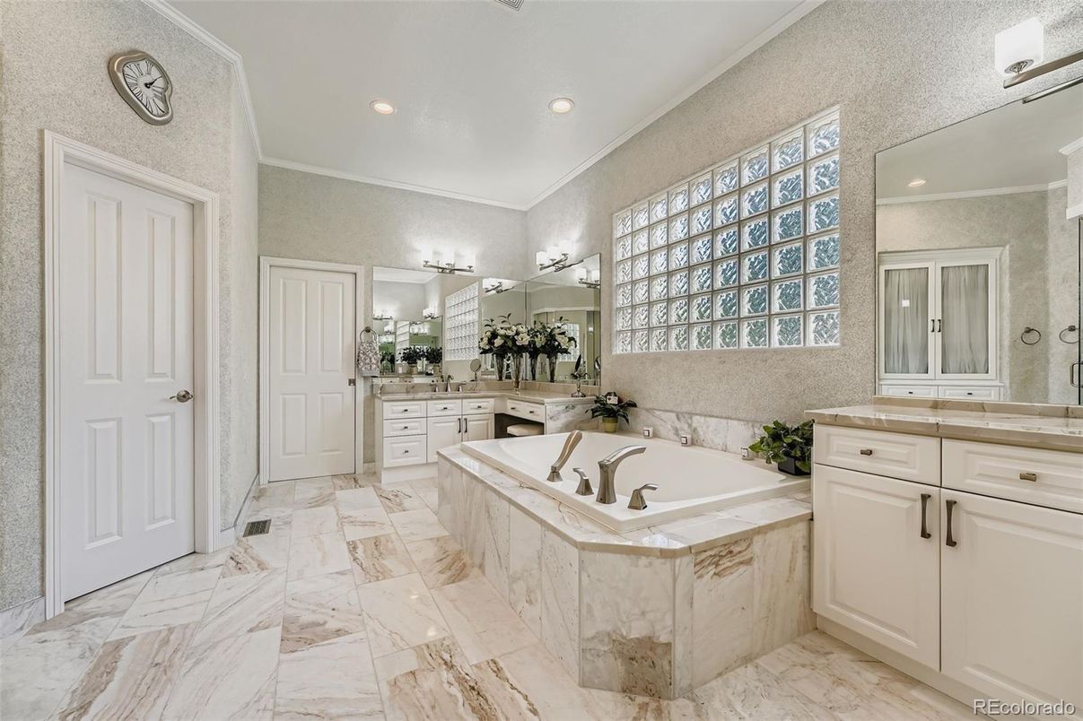 Bathroom, Dual Sink Vanities, Interior, Marble, Recessed Lighting