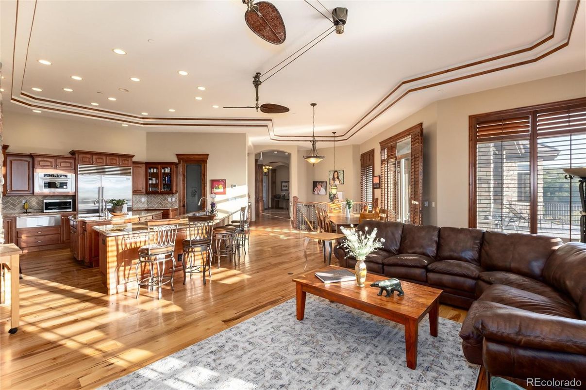 Dining room, Interior, Kitchen, Living room, Pendant Lights, Recessed Lighting, Stainless Steel Appliances, Wood Texture Flooring