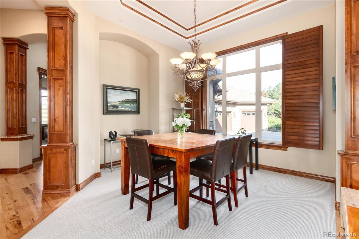 Chandelier, Dining room, Interior, Wood Texture Flooring