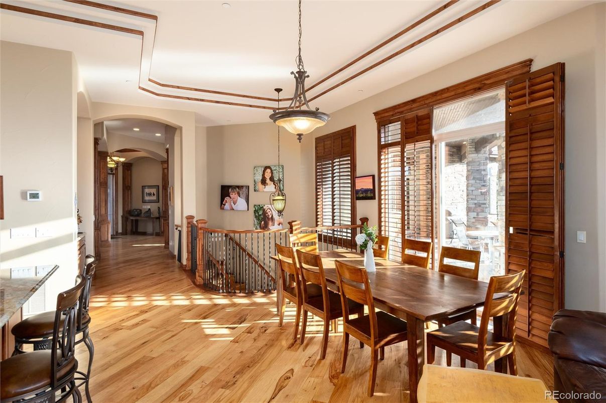 Dining room, Interior, Pendant Lights, Recessed Lighting, Wood Texture Flooring