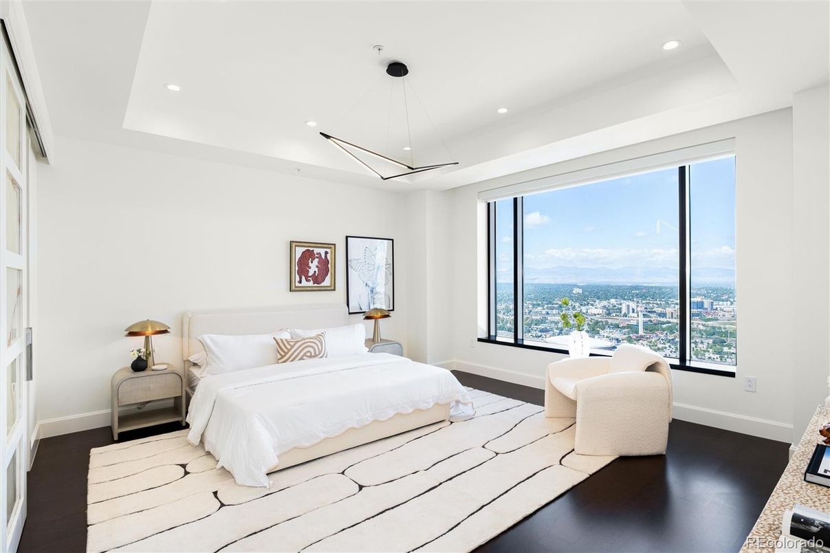 Bedroom, Interior, Pendant Lights, Recessed Lighting, Wood Texture Flooring