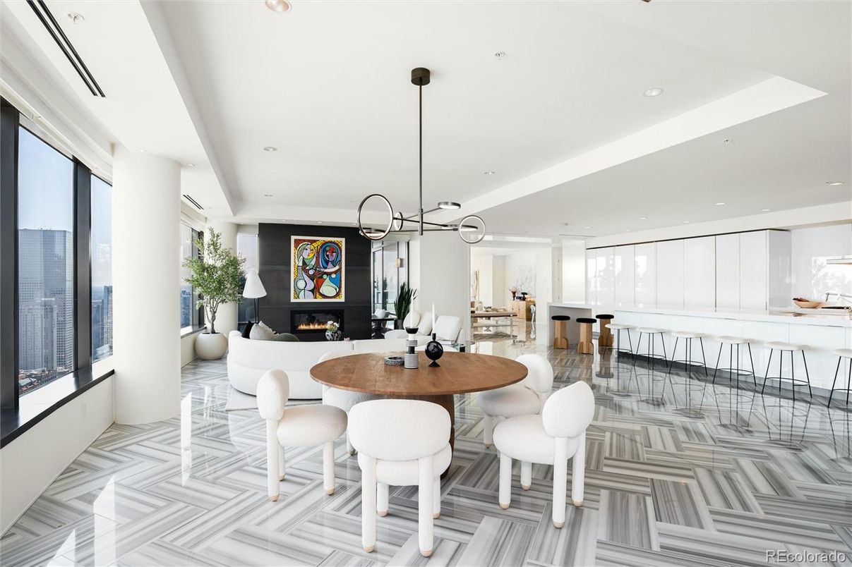 Dining room, Fireplace, Interior, Living room, Pendant Lights, Recessed Lighting