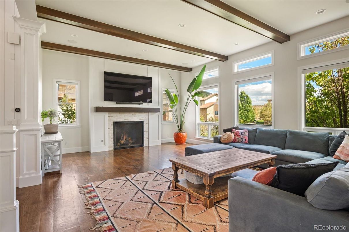 Fireplace, Interior, Living room, Recessed Lighting, Wooden Beams, Wood Texture Flooring