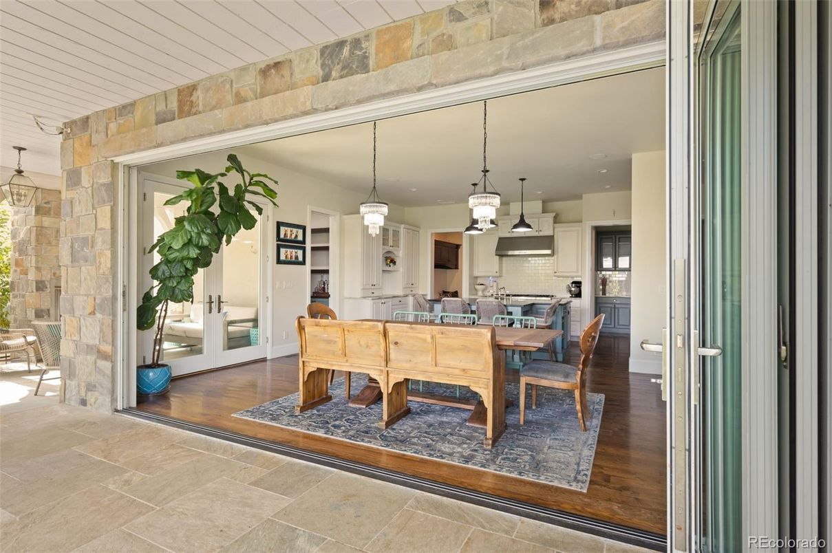 Dining room, Interior, Kitchen, Pendant Lights, Stone Walls, Wood Texture Flooring