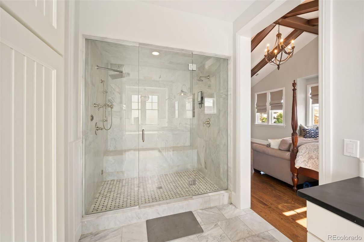 Bathroom, Bedroom, Chandelier, Glass Shower, Interior, Marble, Marble Walls, Recessed Lighting, Wooden Beams, Wood Texture Flooring