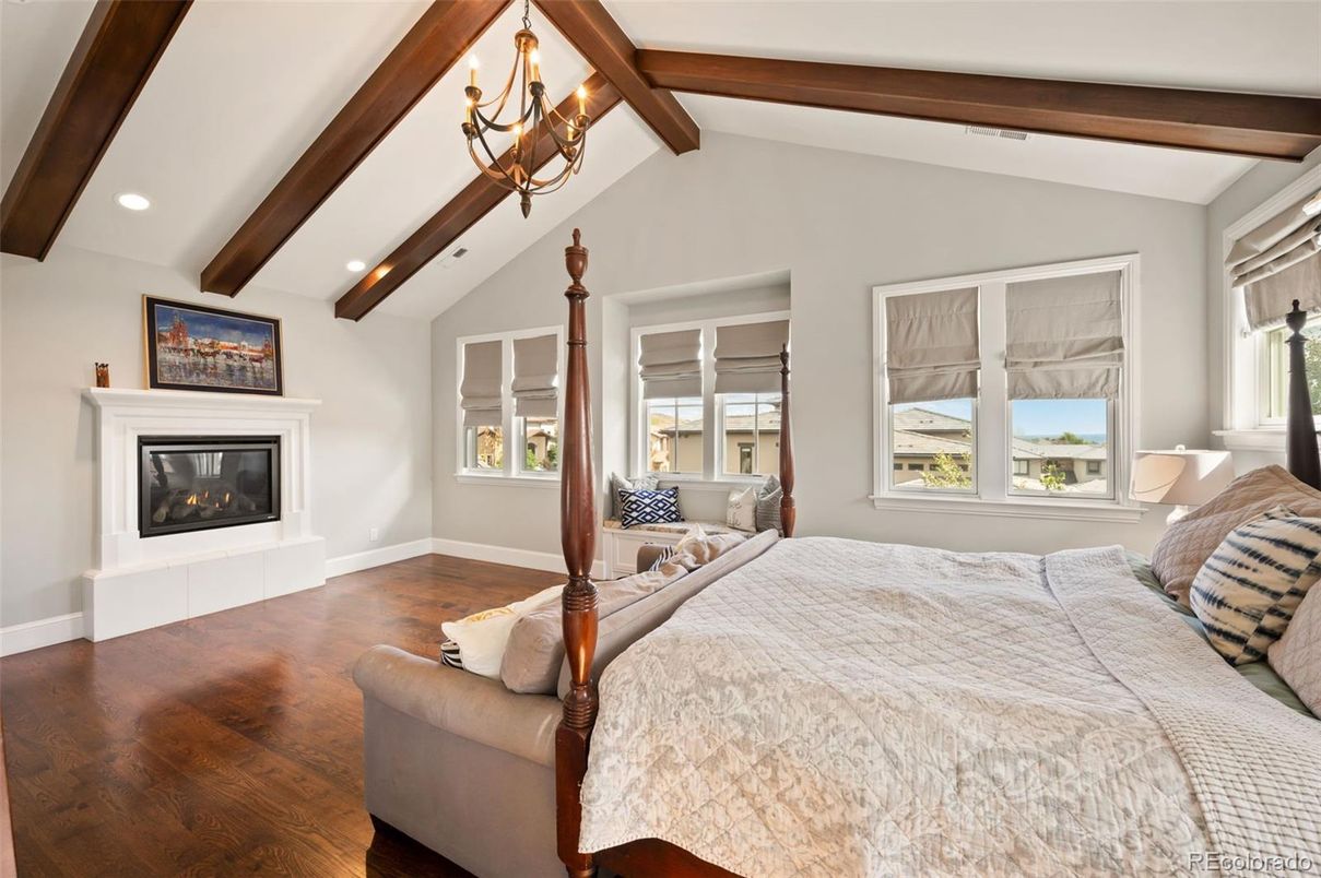 Bedroom, Chandelier, Fireplace, Interior, Recessed Lighting, Wooden Beams, Wood Texture Flooring