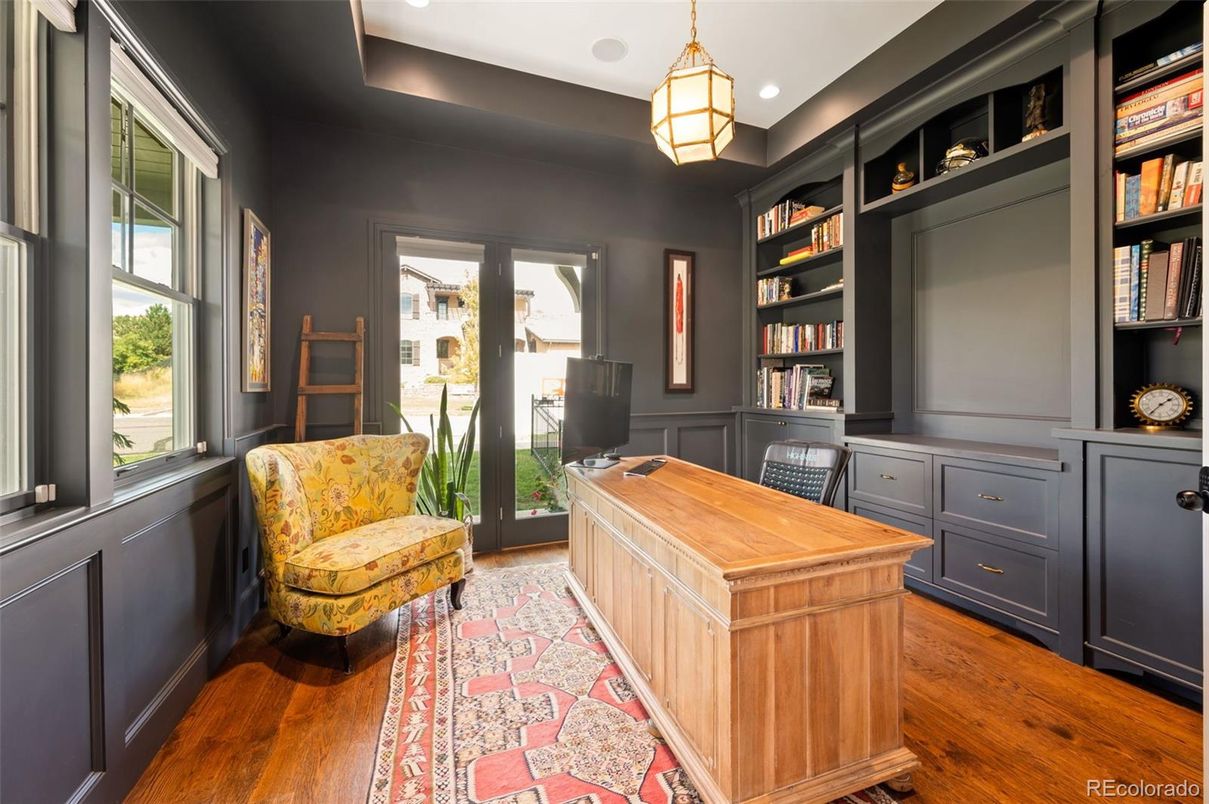 Home Office, Interior, Pendant Lights, Recessed Lighting, Wood Texture Flooring