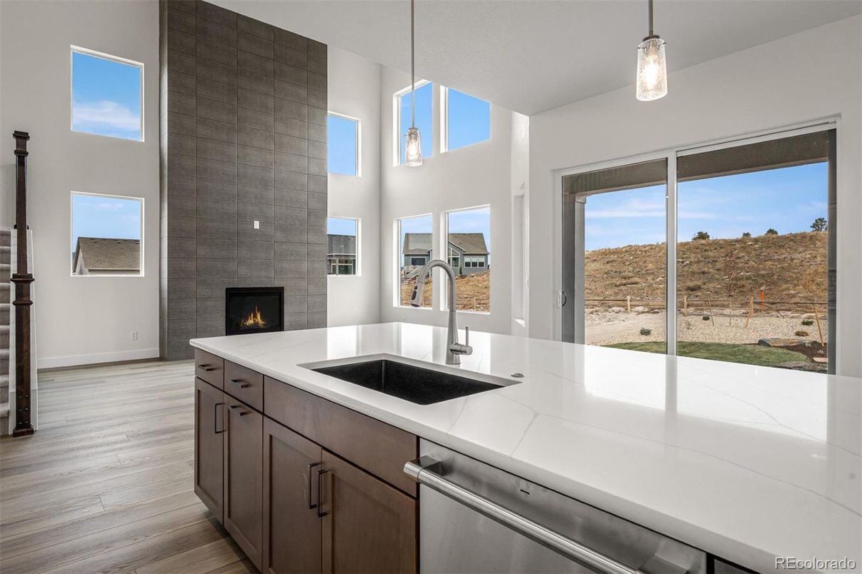 Fireplace, Interior, Kitchen, Pendant Lights, Wood Texture Flooring