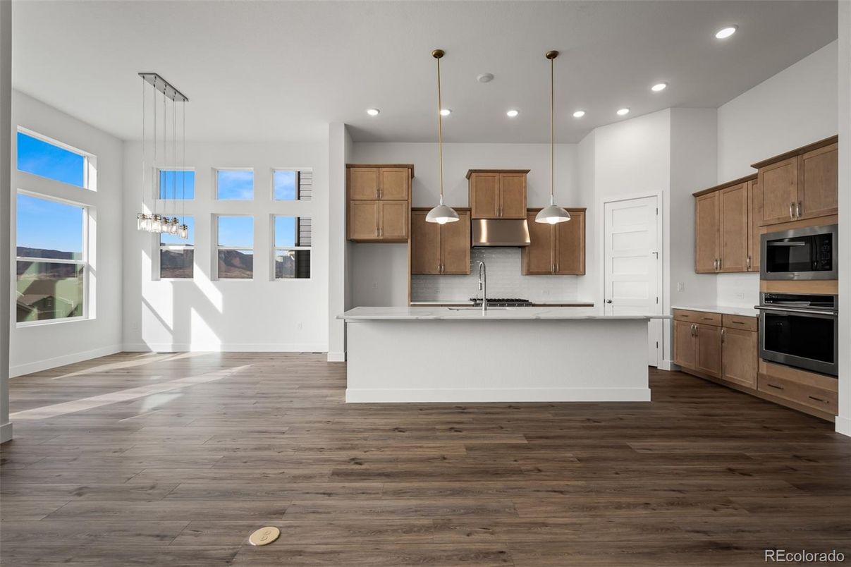 Interior, Kitchen, Pendant Lights, Recessed Lighting, Stainless Steel Appliances, Wood Texture Flooring