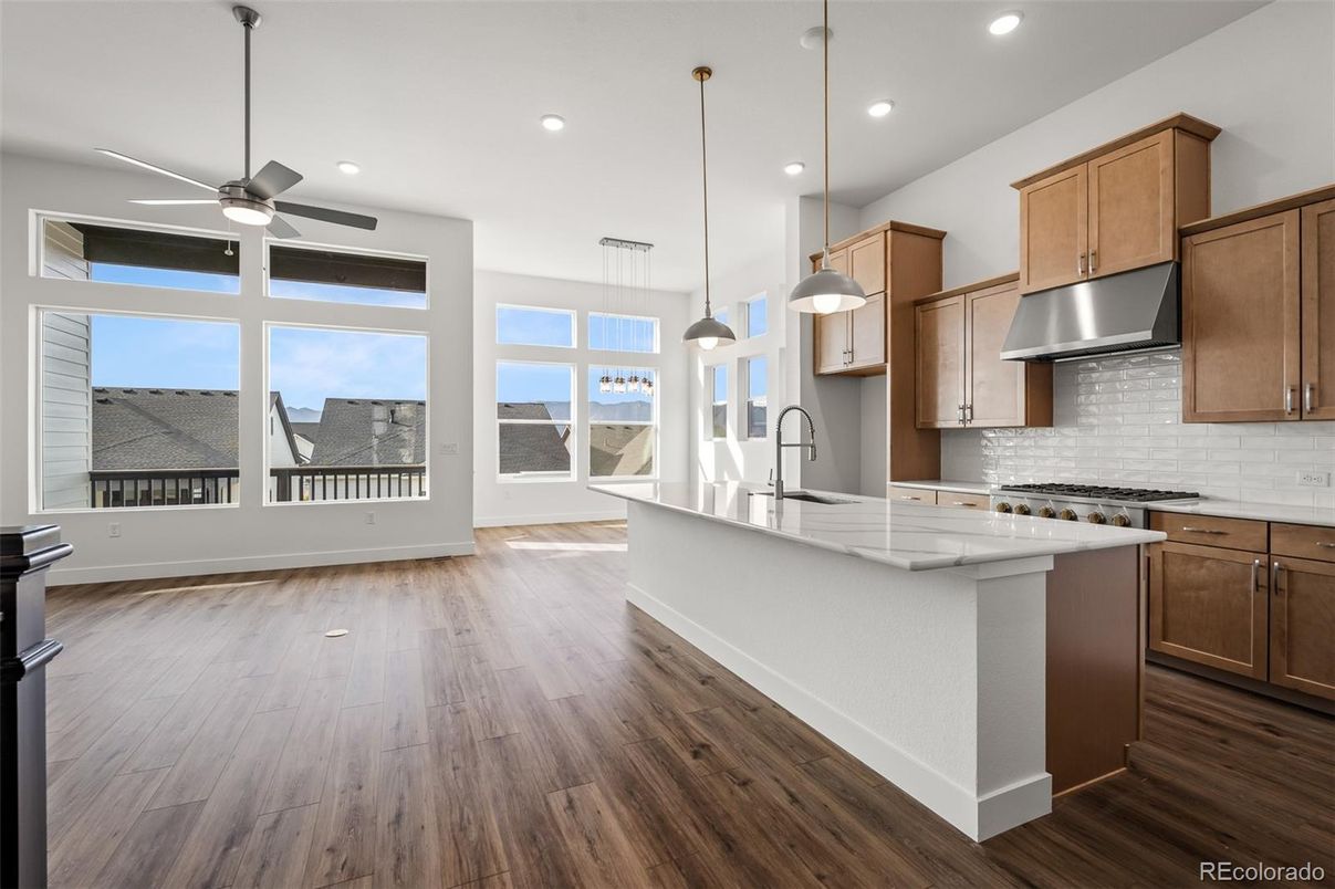 Interior, Kitchen, Pendant Lights, Recessed Lighting, Wood Texture Flooring