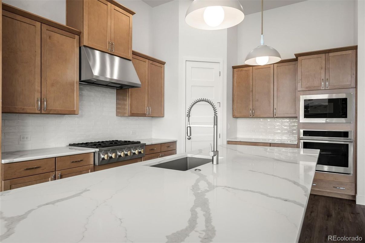 Interior, Kitchen, Pendant Lights, Stainless Steel Appliances, Wood Texture Flooring