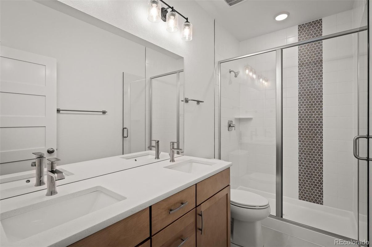 Bathroom, Dual Sink Vanities, Glass Shower, Interior, Recessed Lighting