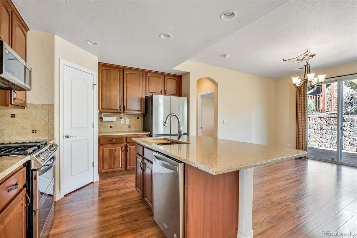 Chandelier, Interior, Kitchen, Recessed Lighting, Wood Texture Flooring