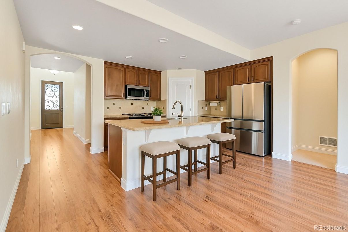 Interior, Kitchen, Recessed Lighting, Stainless Steel Appliances, Wood Texture Flooring