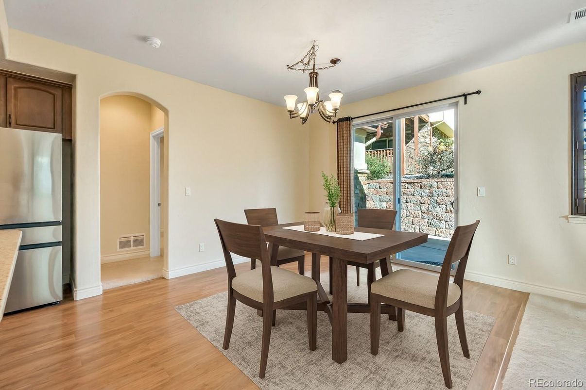 Chandelier, Dining room, Interior, Wood Texture Flooring