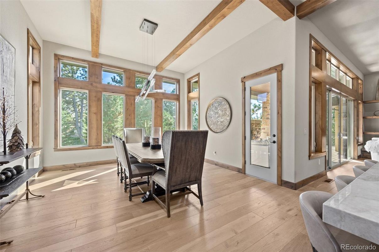 Dining room, Interior, Pendant Lights, Wooden Beams, Wood Texture Flooring