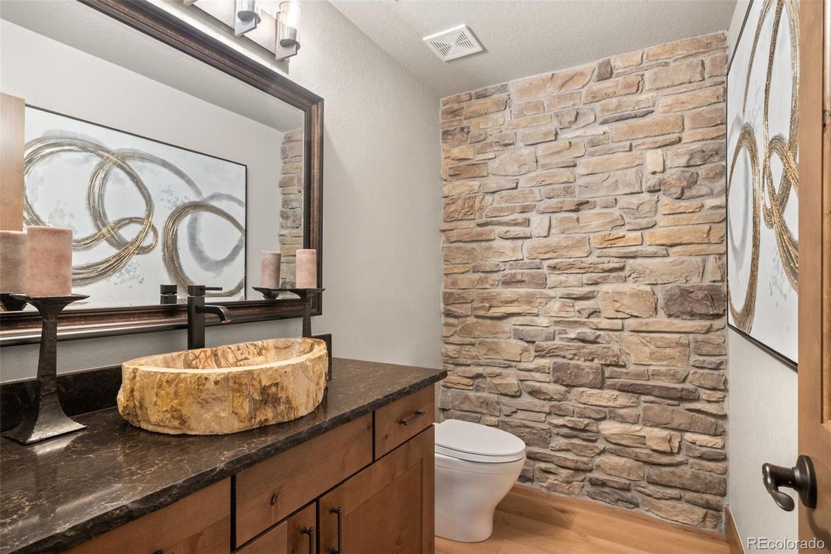 Bathroom, Interior, Stone Walls, Wood Texture Flooring