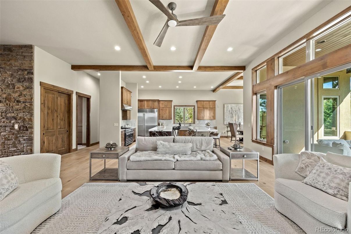 Interior, Kitchen, Living room, Recessed Lighting, Stainless Steel Appliances, Stone Walls, Wooden Beams, Wood Texture Flooring