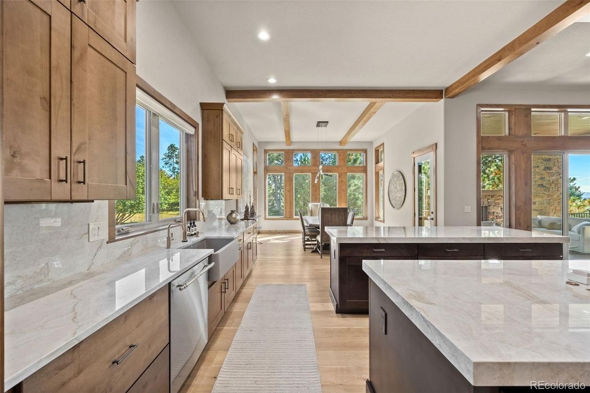 Interior, Kitchen, Pendant Lights, Recessed Lighting, Wooden Beams, Wood Texture Flooring