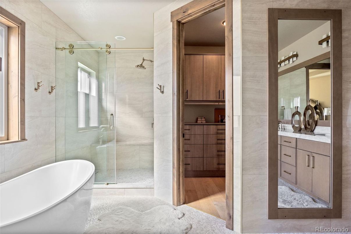 Bathroom, Free Standing Baths, Glass Shower, Interior, Recessed Lighting, Wood Texture Flooring