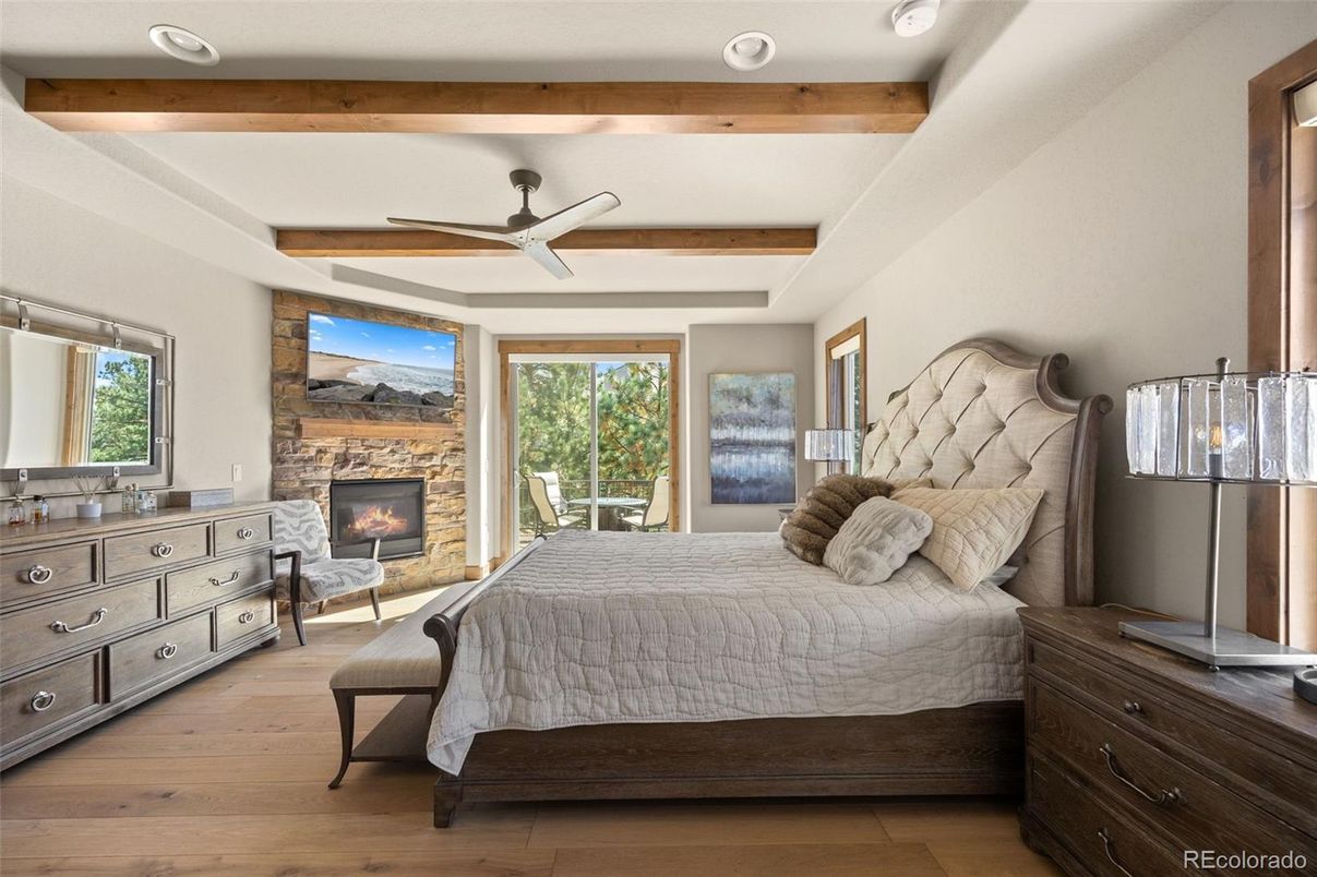Bedroom, Fireplace, Interior, Wooden Beams, Wood Texture Flooring