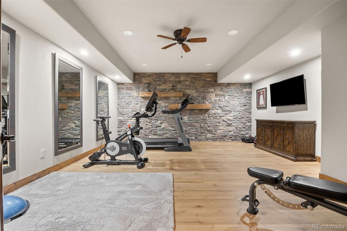 Fitness Equipment, Interior, Recessed Lighting, Stone Walls, Wood Texture Flooring