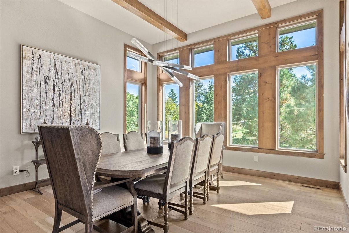 Dining room, Interior, Pendant Lights, Wooden Beams, Wood Texture Flooring