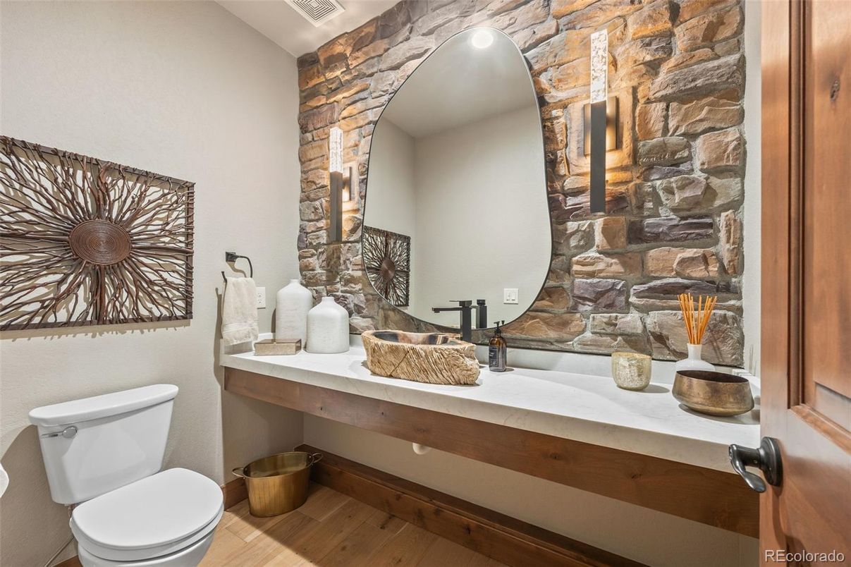 Bathroom, Interior, Stone Walls, Wood Texture Flooring