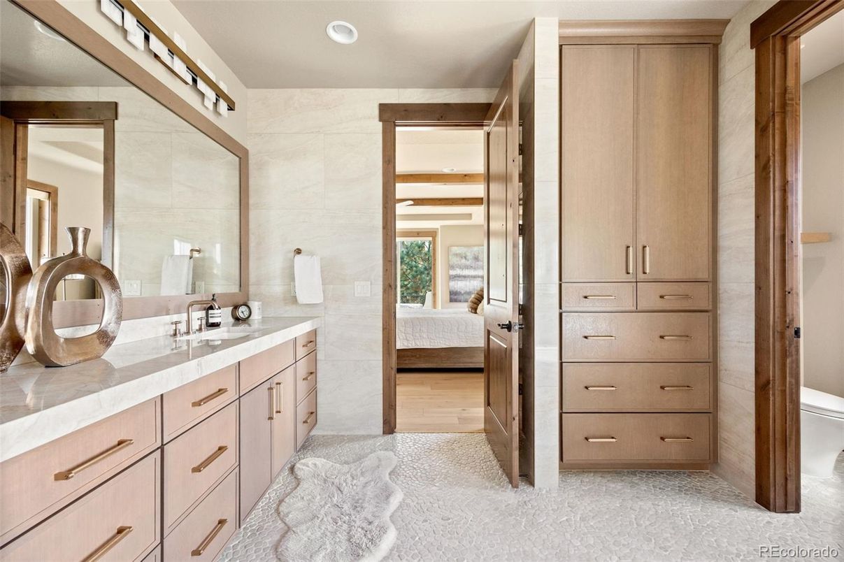 Bathroom, Bedroom, Dual Sink Vanities, Interior, Recessed Lighting, Wood Texture Flooring