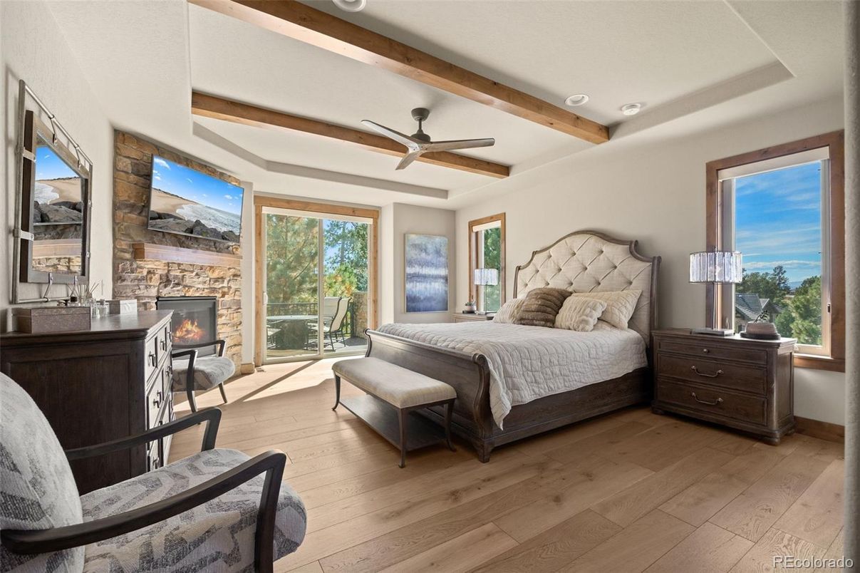 Bedroom, Fireplace, Interior, Water, Wooden Beams, Wood Texture Flooring