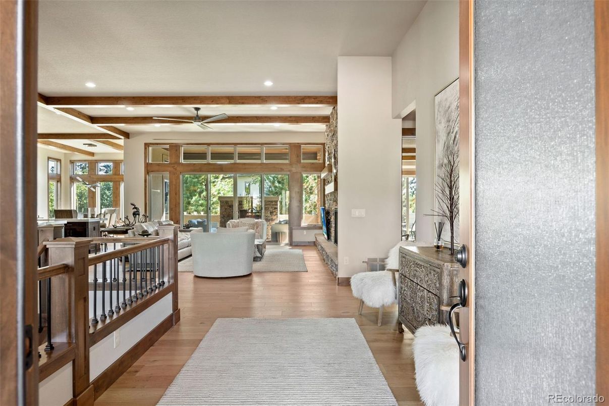 Interior, Living room, Recessed Lighting, Wooden Beams, Wood Texture Flooring