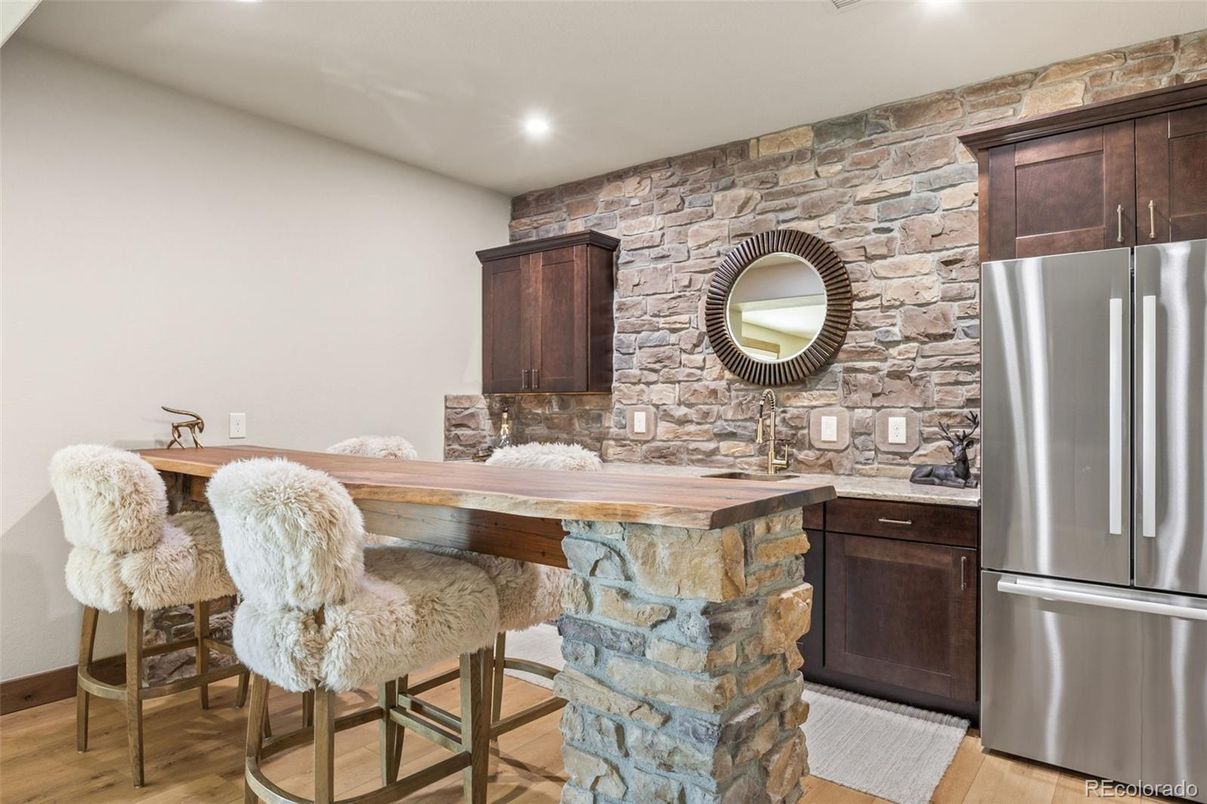 Interior, Kitchen, Recessed Lighting, Stone Walls, Wood Texture Flooring