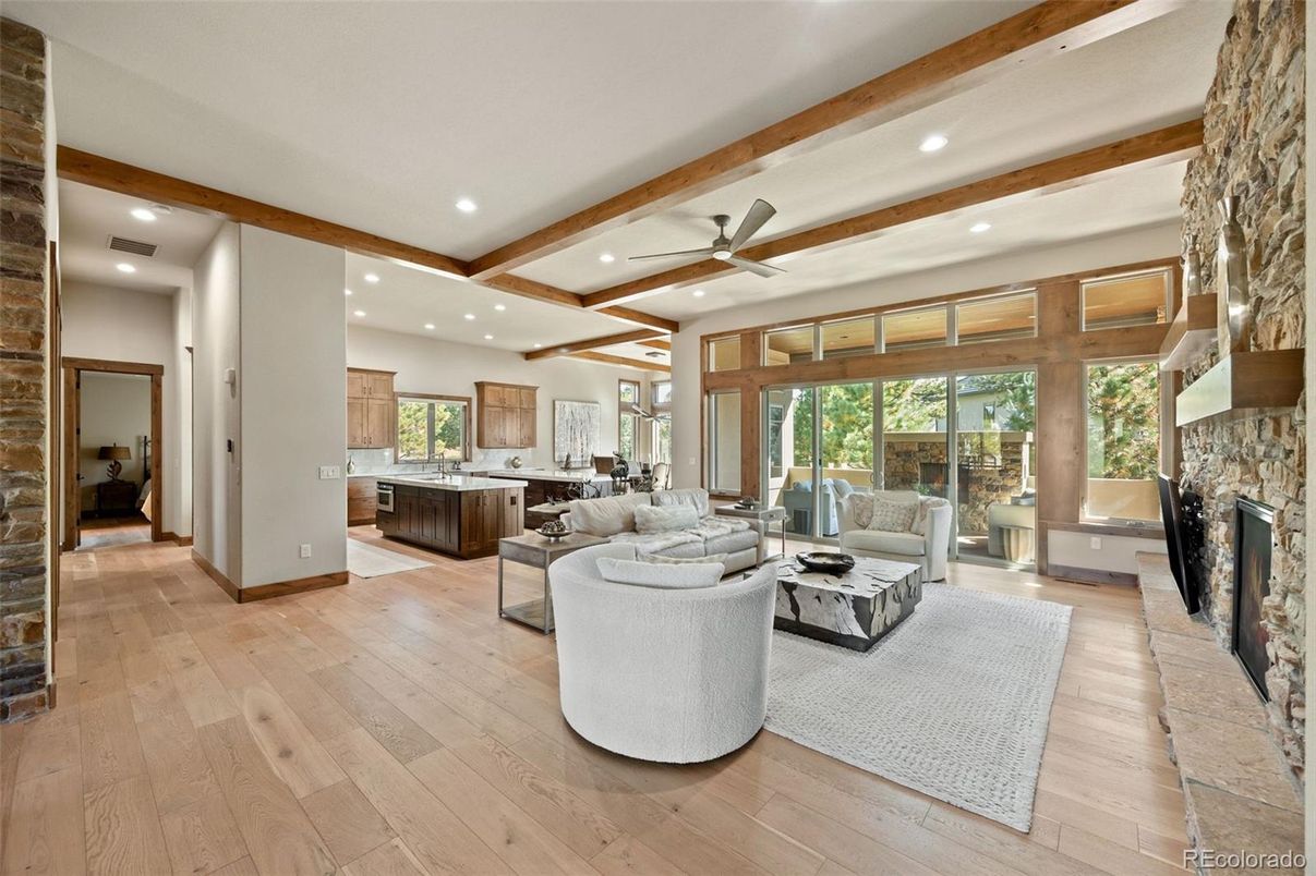 Fireplace, Interior, Living room, Recessed Lighting, Wooden Beams, Wood Texture Flooring