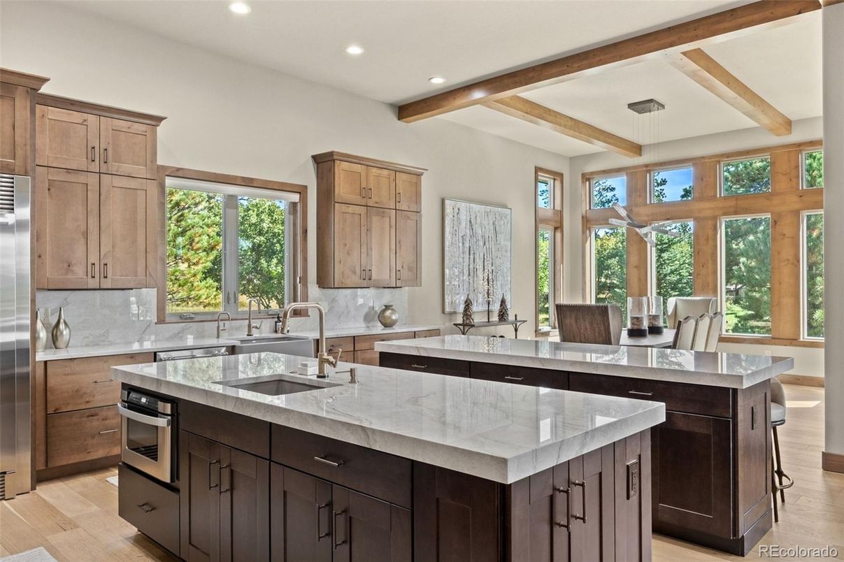 Interior, Kitchen, Pendant Lights, Recessed Lighting, Stainless Steel Appliances, Wooden Beams, Wood Texture Flooring