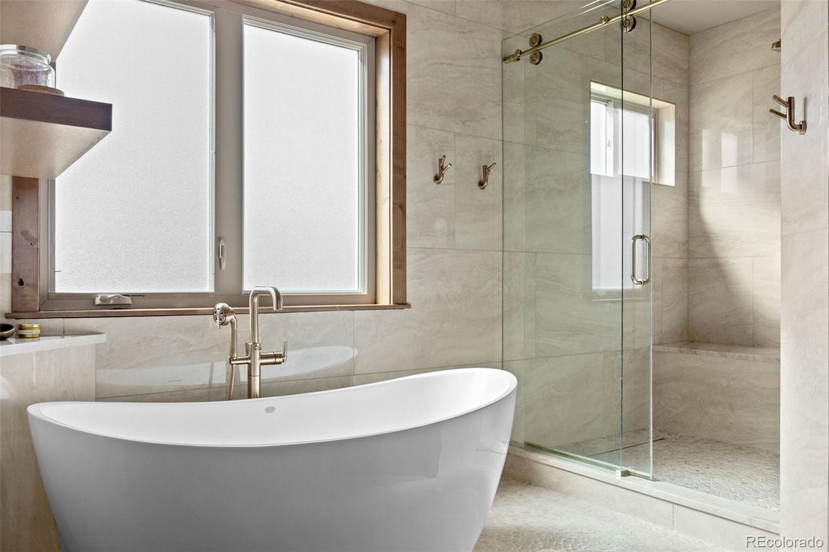 Bathroom, Free Standing Baths, Glass Shower, Interior, Marble Walls