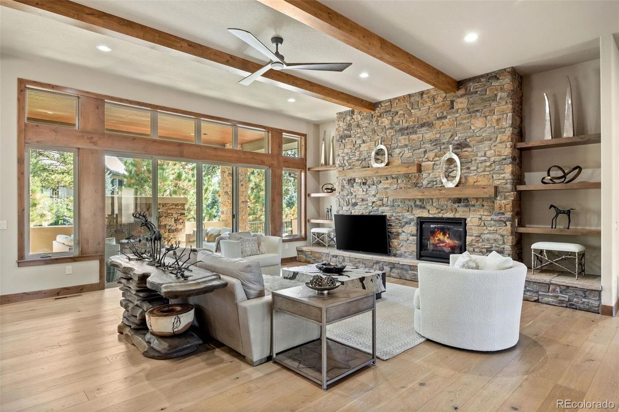 Fireplace, Interior, Living room, Recessed Lighting, Stone Walls, Wooden Beams, Wood Texture Flooring